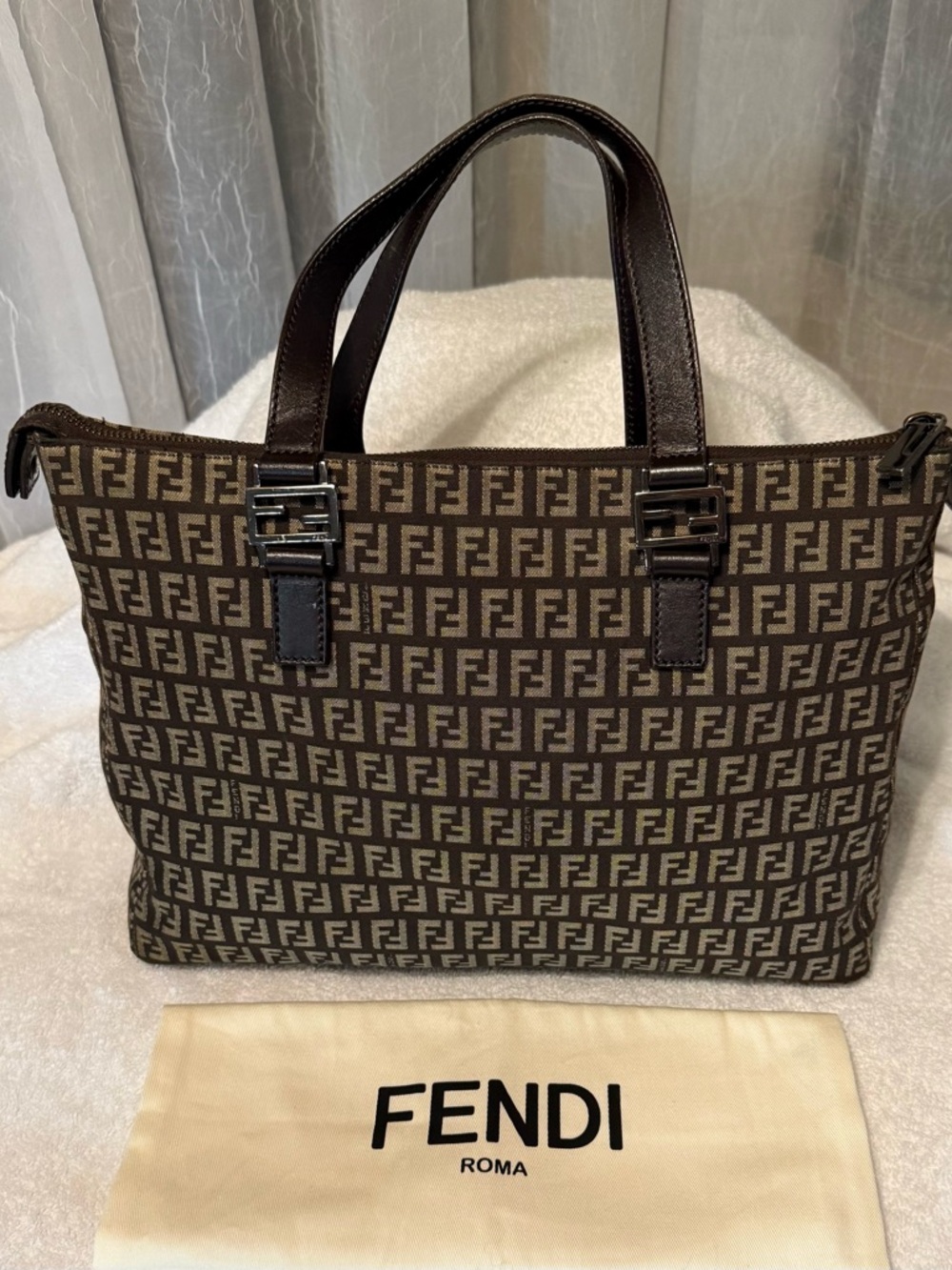 Fendi Brown Zucca Canvas Tote Bag with Logo Hardware
